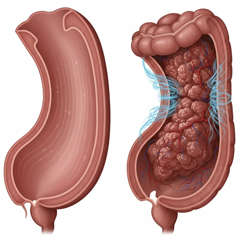 A split image. One side shows a healthy colon with smooth, clear passage. The other side shows a section of the colon with a significant tumor growth