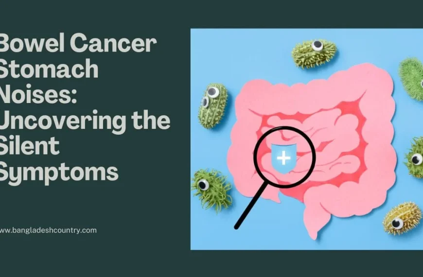 Illustration with text 'Bowel Cancer Stomach Noises: Uncovering the Silent Symptoms' alongside a pink intestine surrounded by green germ-like microbes, and a magnifying glass over the intestine showing a blue shield with a white plus sign.