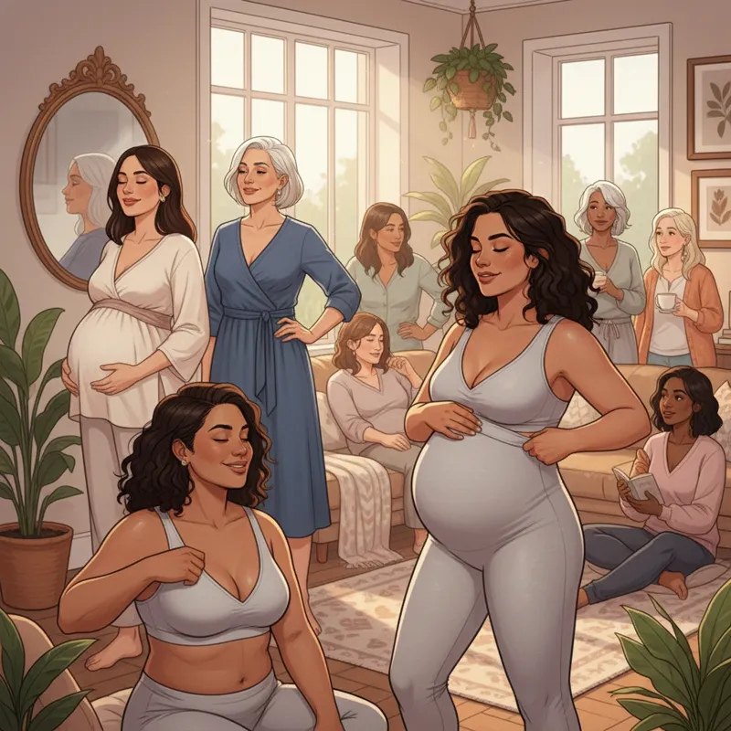 A diverse group of women (various ages, body types, and ethnicities) smiling and looking comfortable in their clothing. One woman is subtly adjusting
