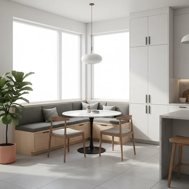 A stylish, modern breakfast nook bench with integrated storage, upholstered cushions, and a minimalist dining table. The kitchen features natural ligh