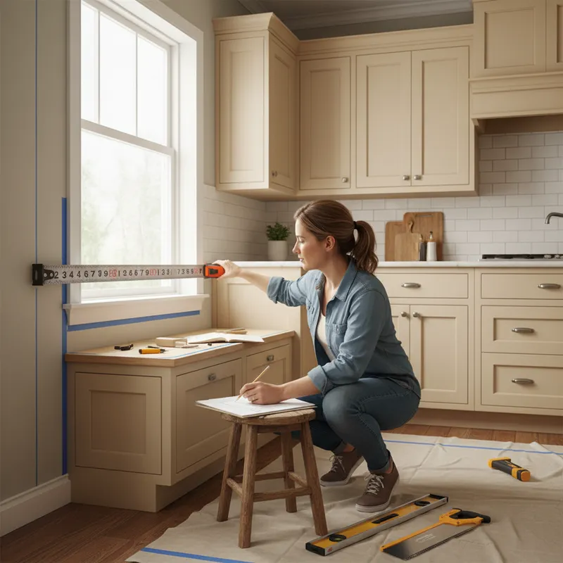 A homeowner using a tape measure to plan the dimensions of a future L-shaped breakfast nook bench in a kitchen corner, showing precision and planning.