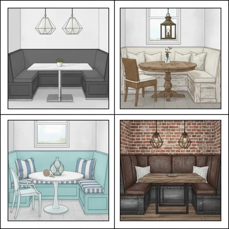 A collage showing four distinct breakfast nook bench styles: a sleek modern bench, a rustic farmhouse bench, a bright coastal bench, and an industrial