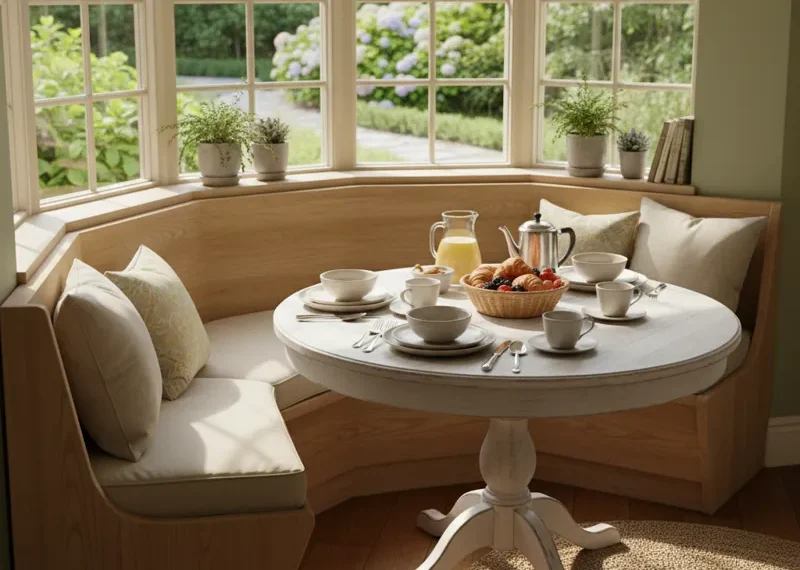 Custom built-in breakfast nook bench with upholstered seating and throw pillows, positioned under a large window in a bright, modern kitchen dining area.