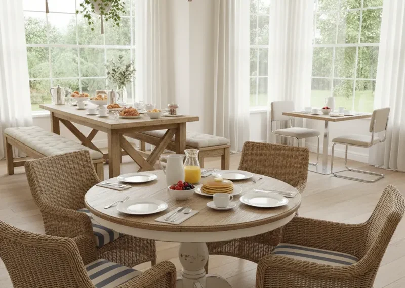 A modern breakfast room dining set featuring a small round wooden table and four upholstered chairs in a bright, inviting space. Ideal for casual meals or a cozy kitchen nook.