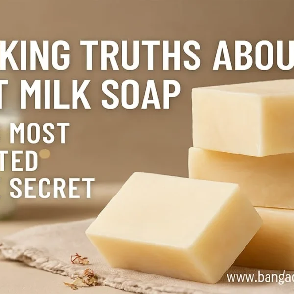 Creamy white breast milk soap bars stacked on a linen cloth, with a blurred milk bottle in the background. Text overlay highlights '9 Shocking Truths About Breast Milk Soap: Nature's Most Underrated Skincare Secret'.