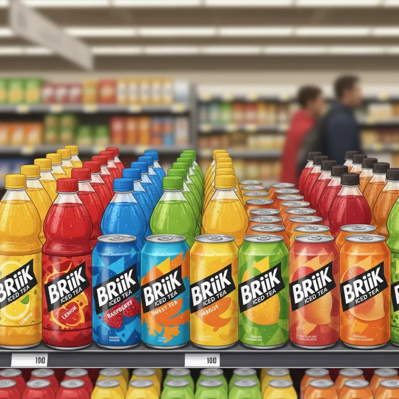 A vibrant, clear image of various Brisk Iced Tea bottles and cans arranged neatly on a store shelf, showcasing the diverse color palette of different