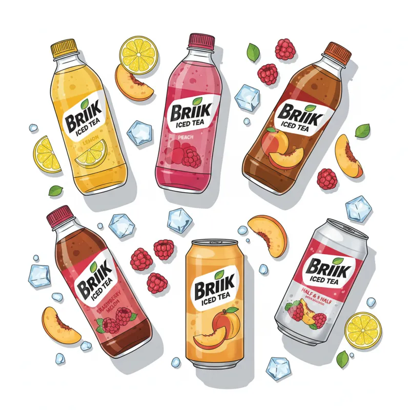 A visually appealing flat lay of assorted Brisk Iced Tea flavors. Each bottle or can is clearly visible, with its label facing up. Surrounding element