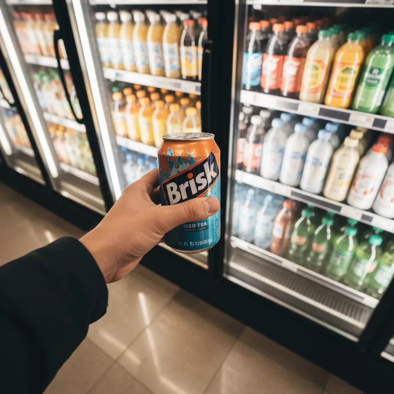 A dynamic, slightly overhead shot of a person's hand reaching for a cold Brisk Iced Tea from a well-stocked refrigerated display in a convenience stor