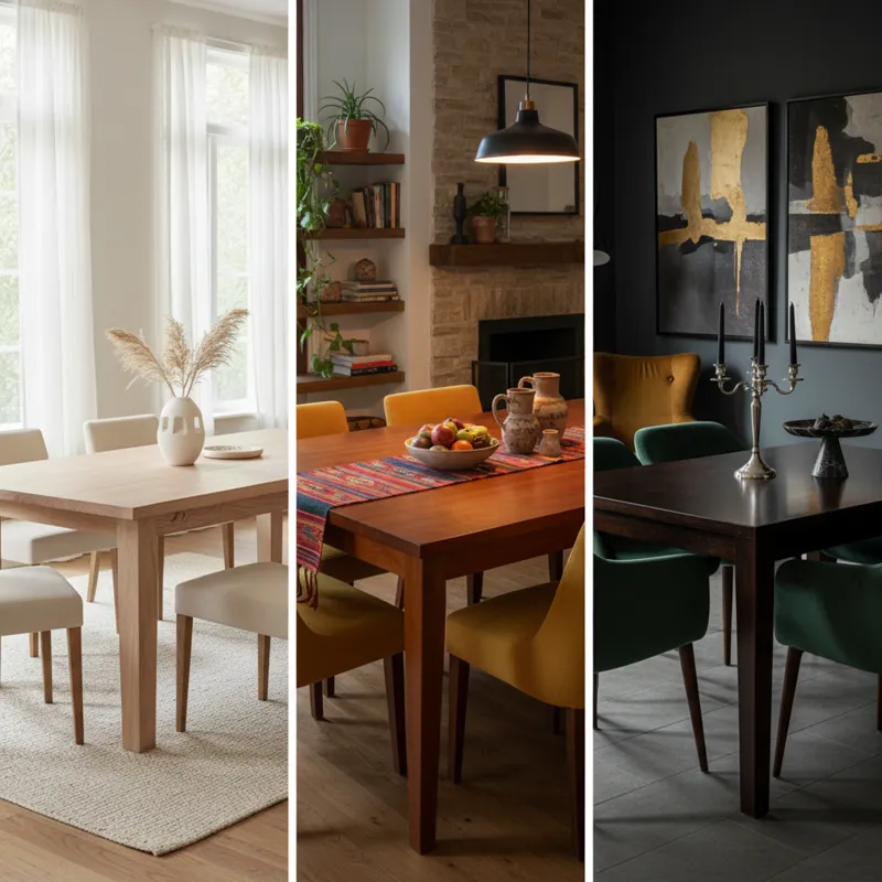 A collage or triptych showing three distinct brown dining tables: one very light, almost natural wood; one medium, warm brown; and one very dark, rich