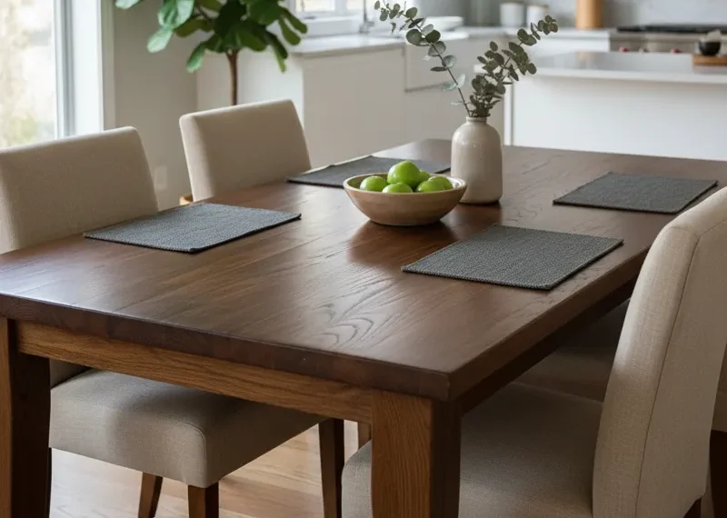 Rectangular brown wooden dining table with chairs, showcasing a modern rustic style in a dining room setting.