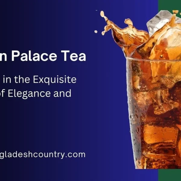 A promotional graphic for "Brown Palace Tea" featuring a glass of iced tea with a dynamic splash. The background is blue and green, with text that reads, "Indulge in the Exquisite Blend of Elegance and Flavor."