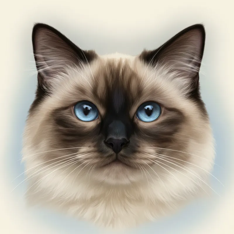 A close-up of a Seal Point Ragdoll cat's face, showing its dark brown points and blue eyes, against a soft, light background. Emphasize the contrast b