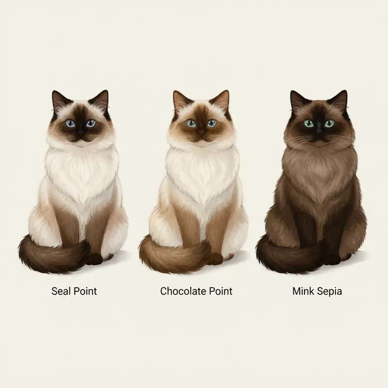 A collage or side-by-side comparison of different Ragdoll cat point colors: Seal Point, Chocolate Point, and Mink Sepia. Clearly label each color.