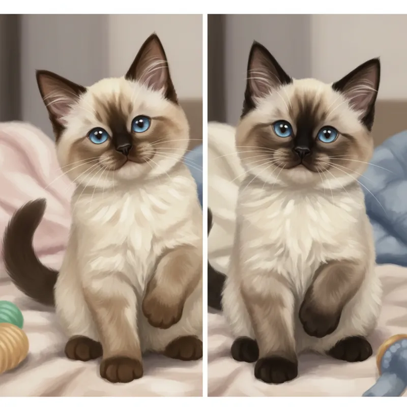 A split image or comparison photo showing a Chocolate Point Ragdoll kitten next to a Seal Point Ragdoll kitten, highlighting the distinct differences