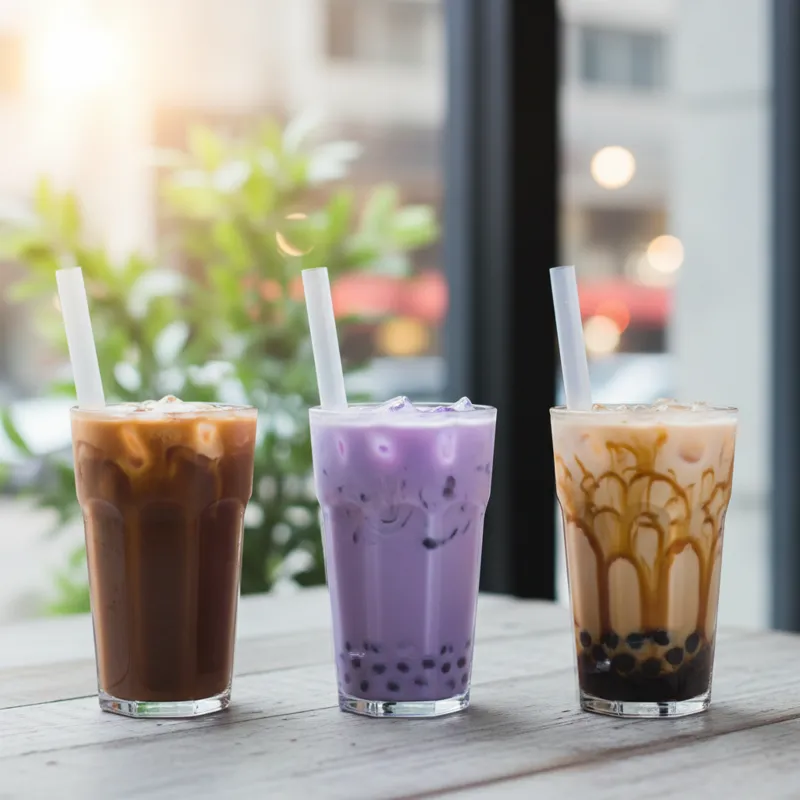 An artful photo showing three distinct milk teas in a row. The first is a classic dark brown milk tea, the second is a vibrant purple taro milk tea, a