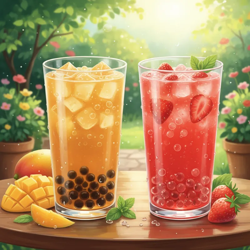 A vibrant, colorful image of two fruit teas side-by-side. One is a golden-orange mango green tea with dark tapioca pearls, and the other is a bright r