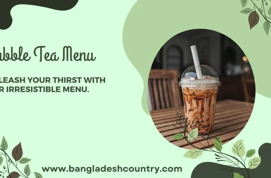 An advertisement for a Bubble Tea Menu featuring a cup of brown sugar boba tea on a wooden table. The background is light green with dark green accents and leafy illustrations. Text reads 'Unleash your thirst with our irresistible menu.'