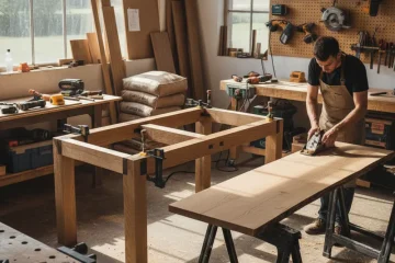 Hands assembling a custom wooden dining table from scratch, showcasing DIY furniture construction.