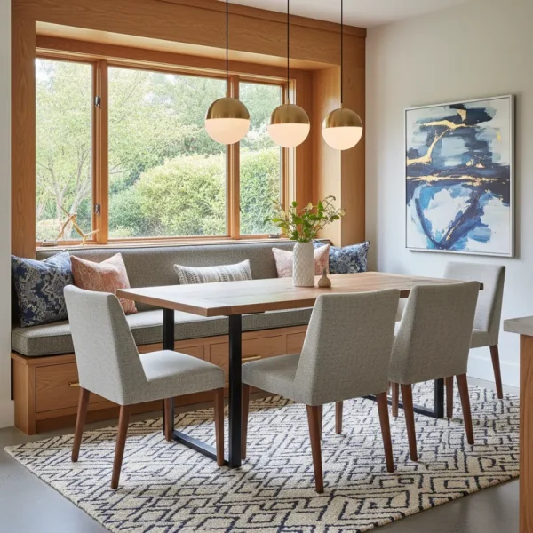 Modern built-in dining room bench with grey cushions and throw pillows, seamlessly integrated into a dining nook with a wooden table. The custom bench seating offers a space-saving solution for comfortable dining.