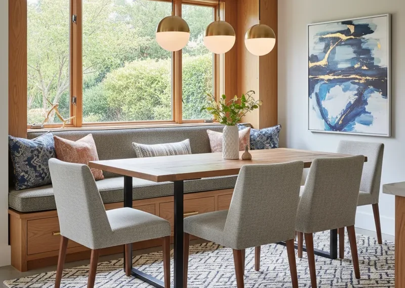 Modern built-in dining room bench with grey cushions and throw pillows, seamlessly integrated into a dining nook with a wooden table. The custom bench seating offers a space-saving solution for comfortable dining.