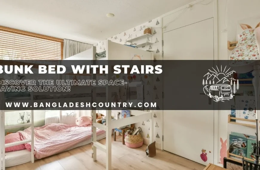 A bright children's bedroom featuring a white wooden bunk bed with built-in stairs, a lower bunk made up with pink striped bedding and a pig plushie. The room has light wooden floors, a large window with wooden blinds, and white walls decorated with whimsical wallpaper and shelves holding books and decor, including a lamp with bunny ears. An overlay text states: 'BUNK BED WITH STAIRS DISCOVER THE ULTIMATE SPACE-SAVING SOLUTION! WWW.BANGLADESHCOUNTRY.COM'.