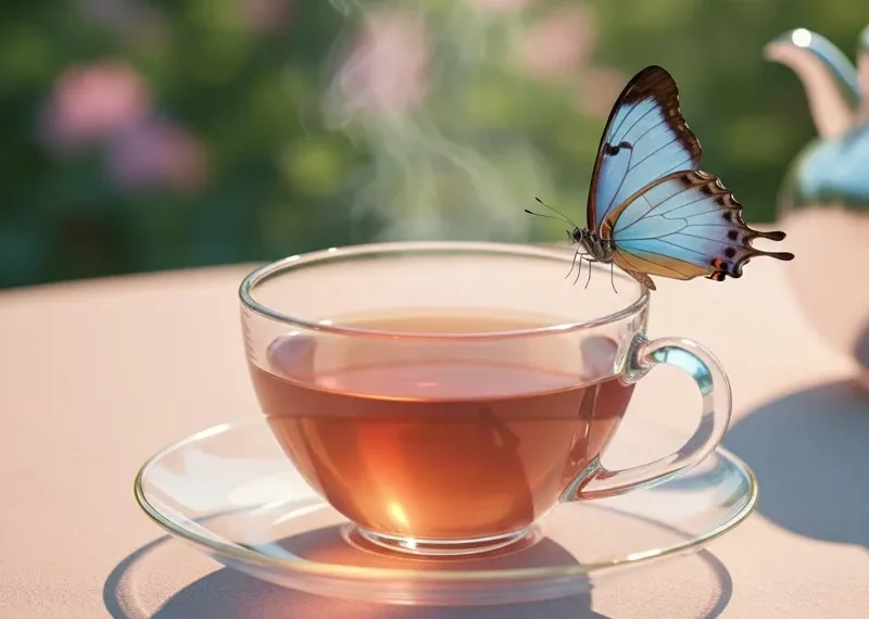 A clear glass teacup filled with vibrant, deep blue butterfly pea flower tea, with a slice of lemon on the saucer, showcasing its natural color.