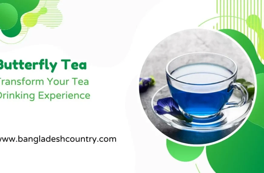 A promotional graphic for Butterfly Tea, featuring a glass teacup filled with vibrant blue tea made from butterfly pea flowers. The text reads 'Butterfly Tea, Transform Your Tea Drinking Experience' against a modern green and white background.
