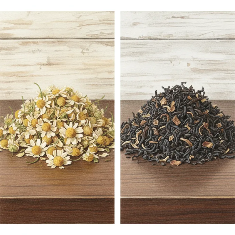 A side-by-side visual comparison showing a pile of loose-leaf chamomile flowers labeled