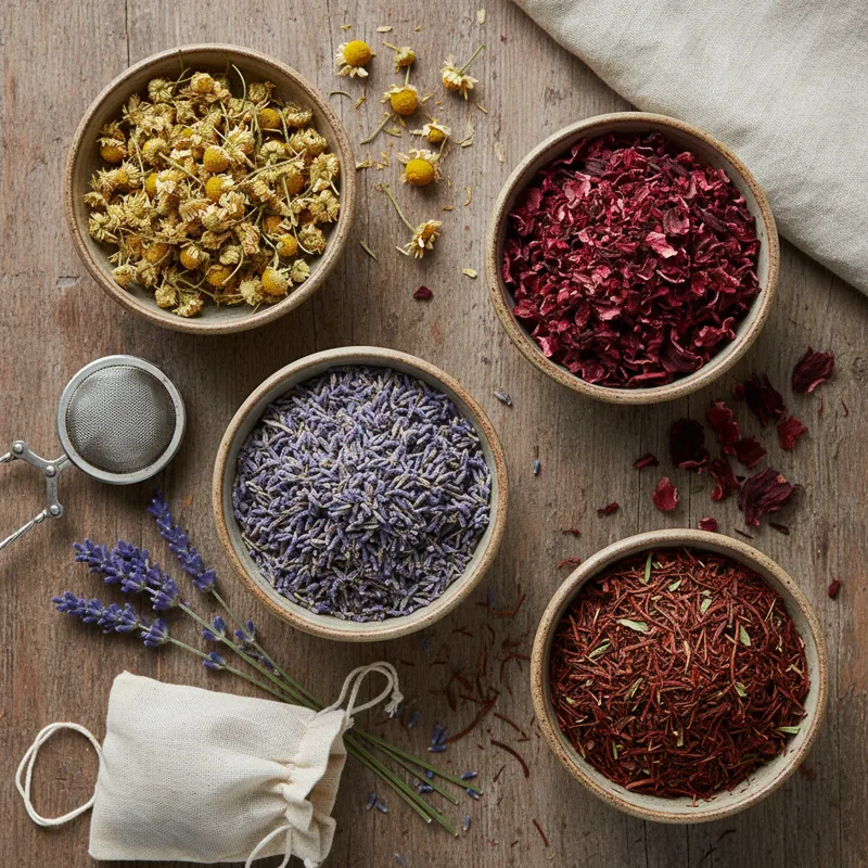 An artfully arranged flat lay of various dried herbs in small bowls: golden chamomile flowers, purple lavender buds, bright red hibiscus petals, and e