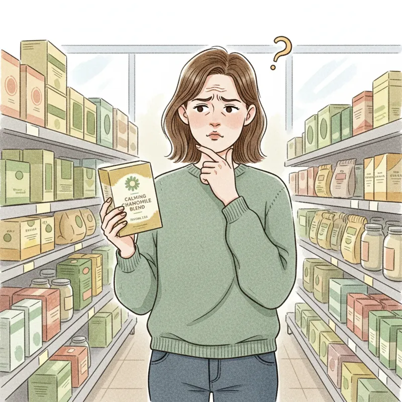 A person looking thoughtfully at a box of herbal tea in a grocery store aisle, with a slightly confused expression, highlighting common consumer uncer