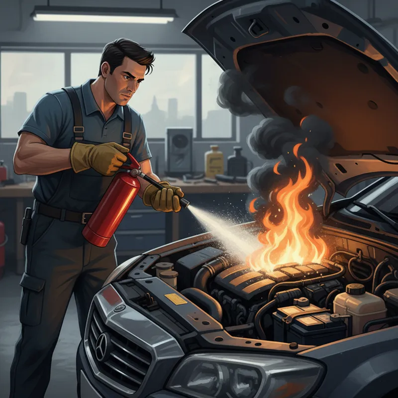 A wide shot of a car's engine bay with a small, contained fire visible, a person holding a fire extinguisher aimed at it. The scene should convey urge