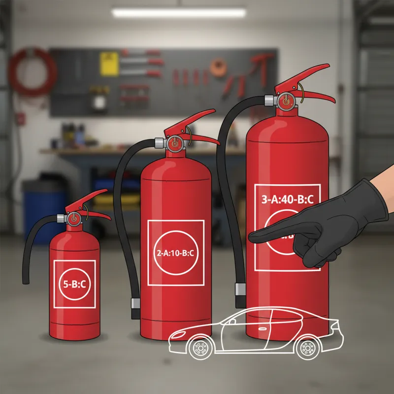 A close-up of three different types of portable fire extinguishers, clearly labeled with their ABC ratings, with a hand pointing to an appropriate siz