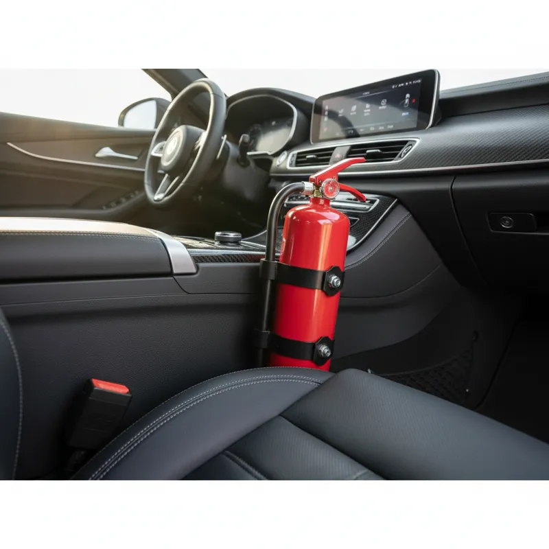 An interior shot of a car's cabin, showing a fire extinguisher securely mounted with a quick-release bracket, visible but not obstructing.