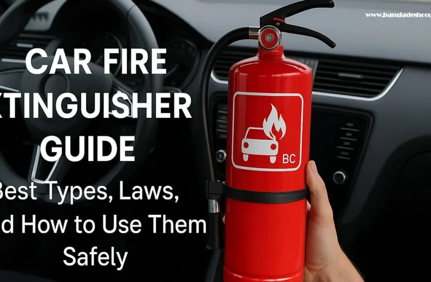 Red car fire extinguisher with a car-on-fire symbol, displayed inside a vehicle, alongside text 'CAR FIRE EXTINGUISHER GUIDE: Best Types, Laws, and How to Use Them Safely'.