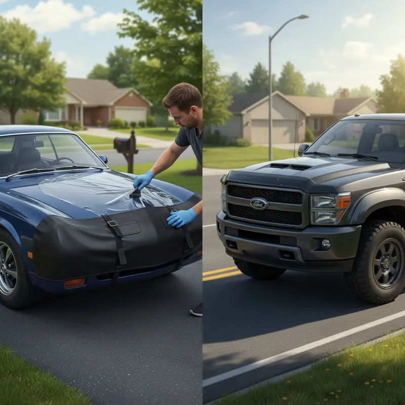 A detailed image showing different types of car hood covers: a traditional leatherette front end bra on a sedan, a clear paint protection film being a