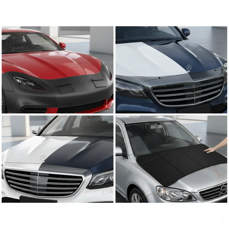 A comparative image displaying different car hood cover types side-by-side on various car models: a black vinyl front end bra on a sporty car, a secti