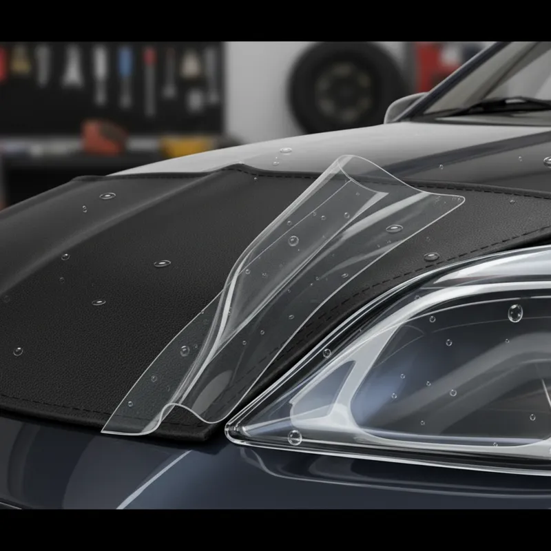 A close-up, macro shot showcasing the textures and properties of different car hood cover materials: the smooth, durable surface of vinyl/leatherette,