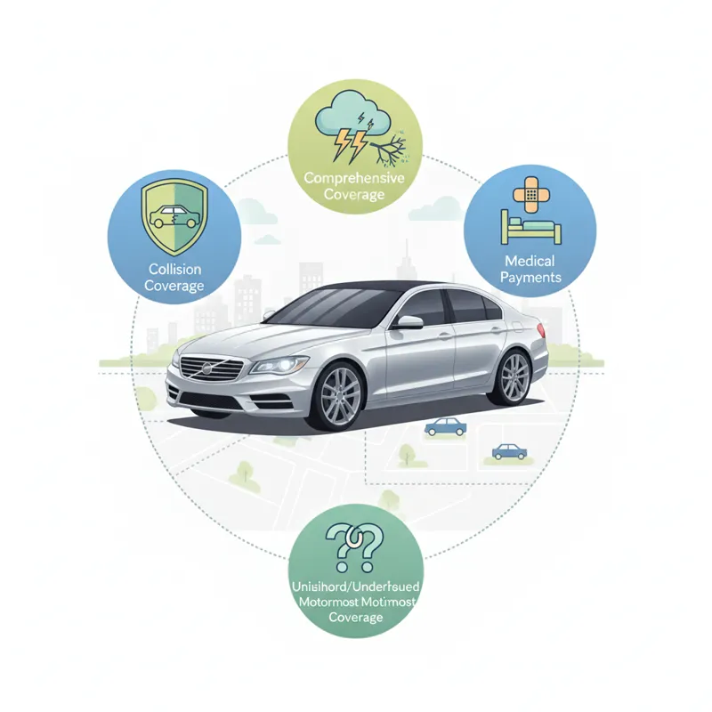 A visual representation of various car insurance coverage types (e.g., icons for collision, comprehensive, medical payments, uninsured motorist) aroun