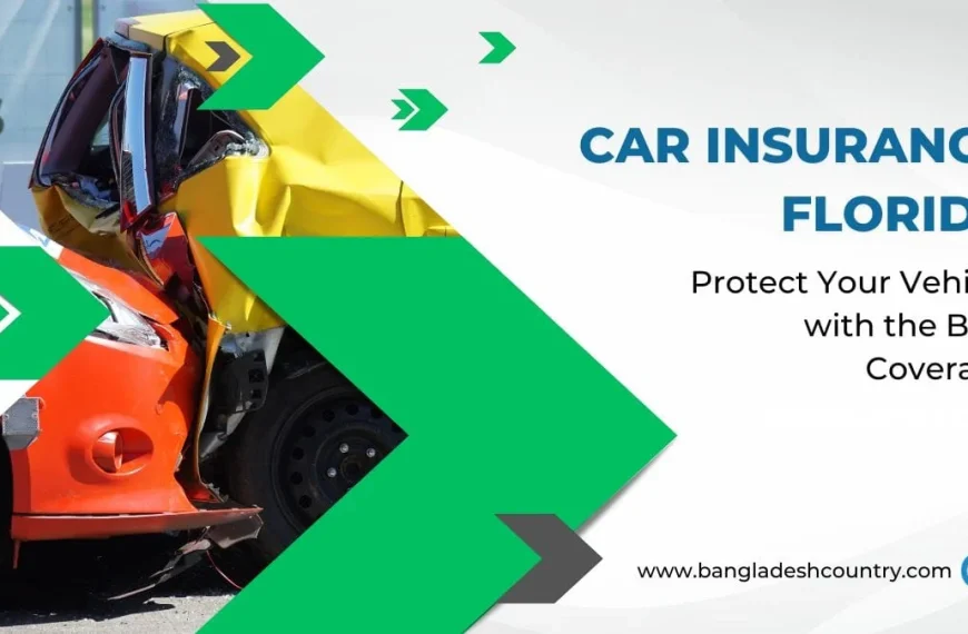 A graphic depicting an orange and a yellow car severely damaged from an accident, serving as a backdrop for the text 'CAR INSURANCE FLORIDA Protect Your Vehicle with the Best Coverage'.