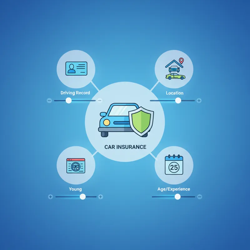 A visual representation of various factors affecting car insurance premiums, including a driver's license, a car icon, a house icon for location, and