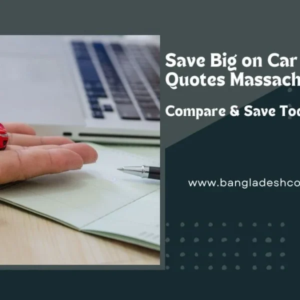 Person's hand holding a red toy car next to a laptop and pen, with text overlay: 'Save Big on Car Insurance Quotes Massachusetts. Compare & Save Today!'