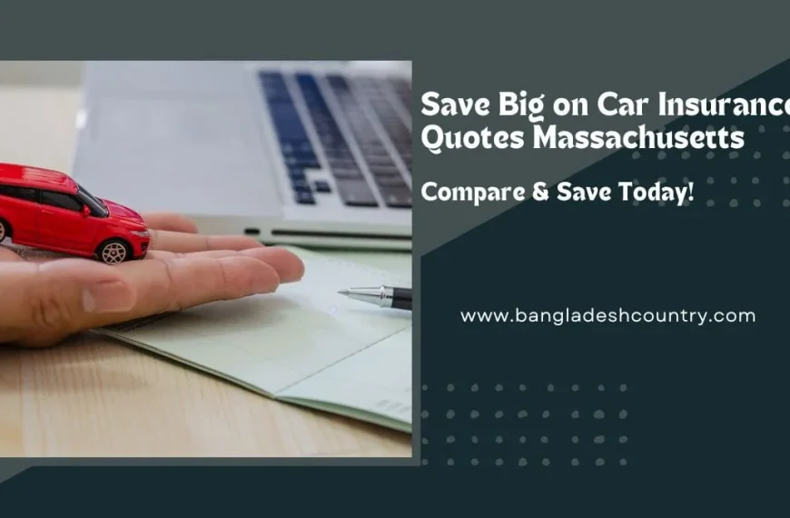 Person's hand holding a red toy car next to a laptop and pen, with text overlay: 'Save Big on Car Insurance Quotes Massachusetts. Compare & Save Today!'
