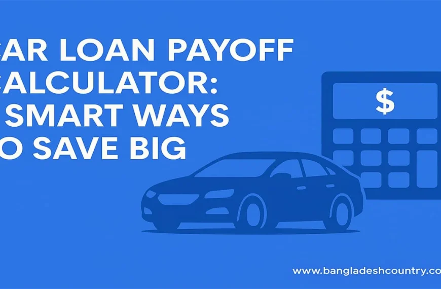 Graphic titled 'CAR LOAN PAYOFF CALCULATOR: 7 SMART WAYS TO SAVE BIG' on a blue background, featuring a dark blue silhouette of a car and a calculator with a dollar sign.