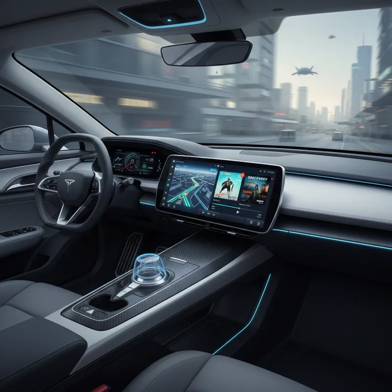 A sleek, modern car dashboard with an Apple CarPlay interface prominently displayed on a large touchscreen, showing navigation and music apps. The int