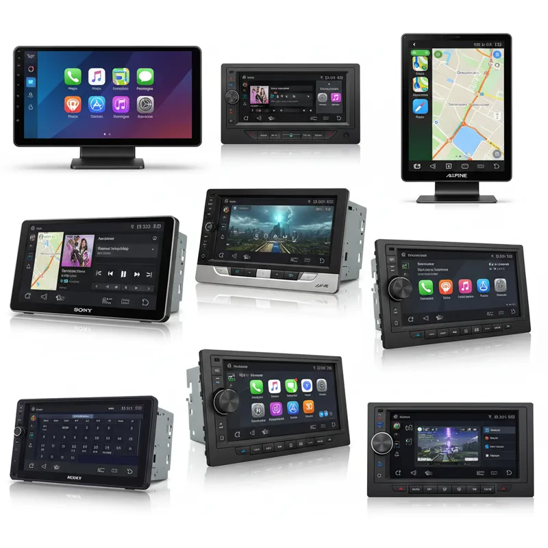 A collage of seven different high-end Apple CarPlay stereos from various brands (Pioneer, Kenwood, Sony, Alpine, JVC), showcasing their distinct desig