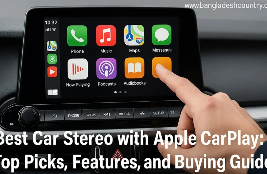 A person's hand interacting with a car's infotainment touchscreen displaying Apple CarPlay. The screen shows app icons for Phone, Music, Maps, Messages, Now Playing, Podcasts, and Audiobooks.
