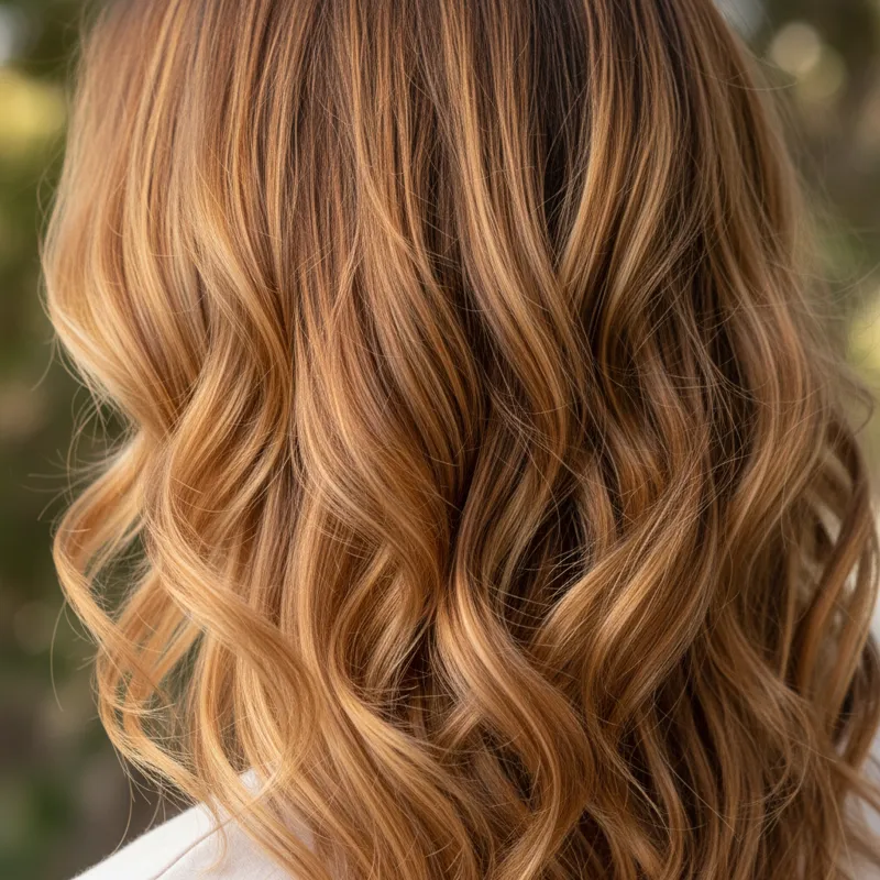A close-up, high-quality image of hair showcasing the warm, multi-dimensional blend of caramel and honey blonde tones under natural light.