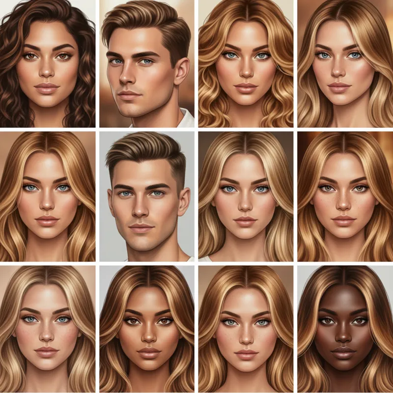 A diverse collage of individuals with various skin tones (fair, medium, olive, deep) each sporting a flattering variation of caramel honey blonde hair