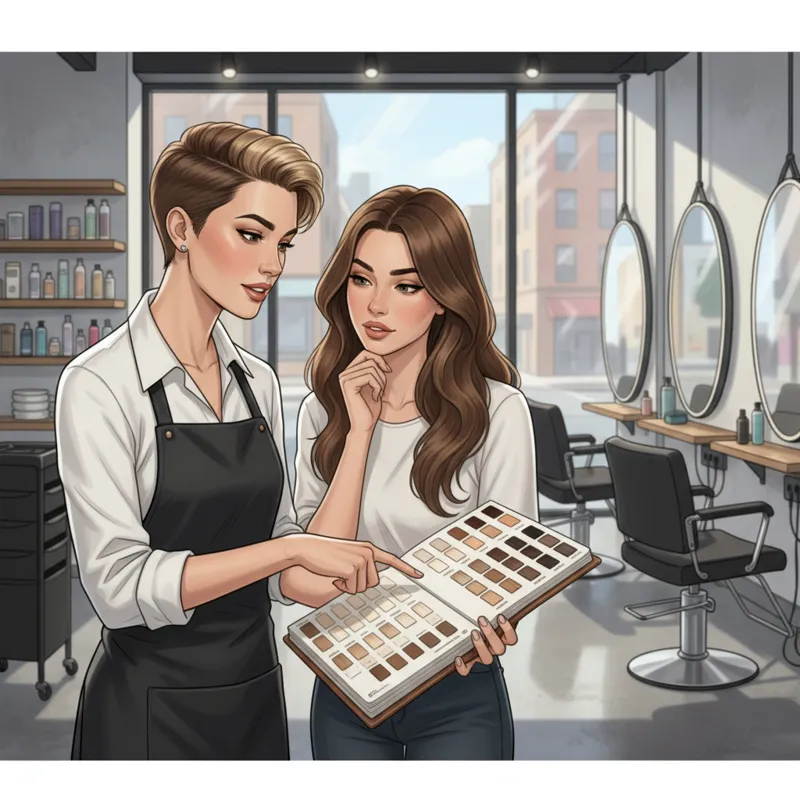 An image of a hair stylist consulting with a client in a modern, well-lit salon, pointing to a color swatch book.