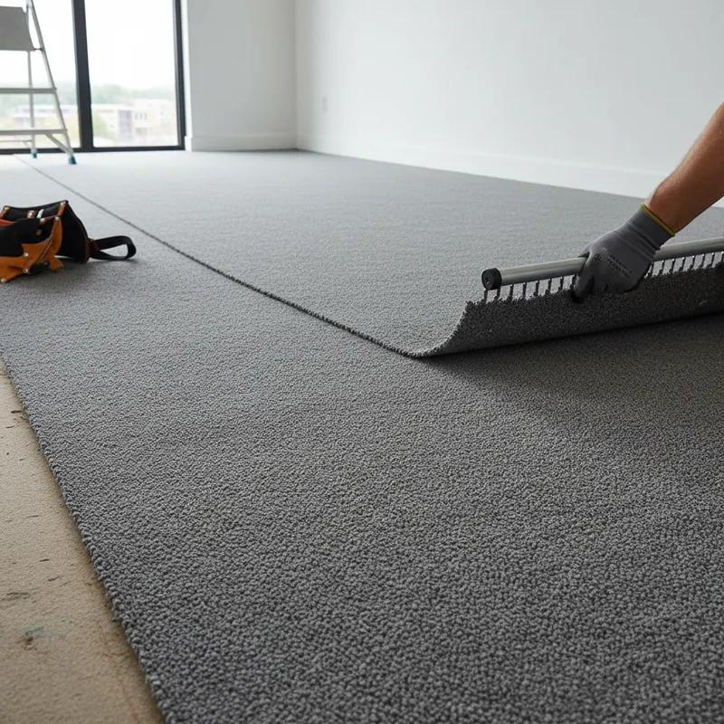 A professional-grade, well-installed carpet with a clear, seamless finish, possibly showing a corner being pressed down during installation.